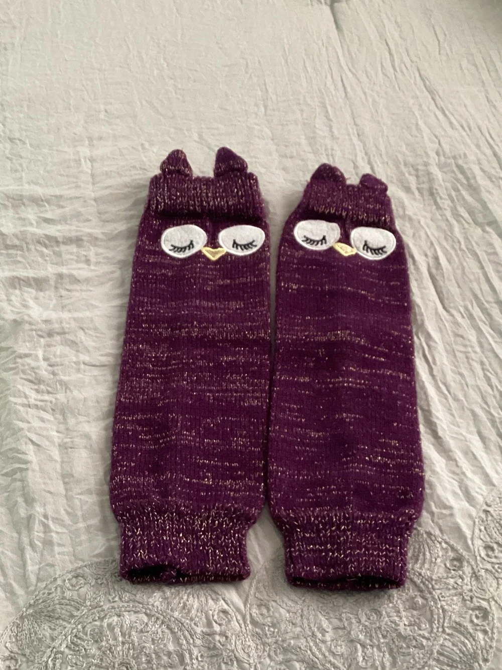 Little Girl Purple Owl Knit Leg Warmers with Metallic Thread 🟣